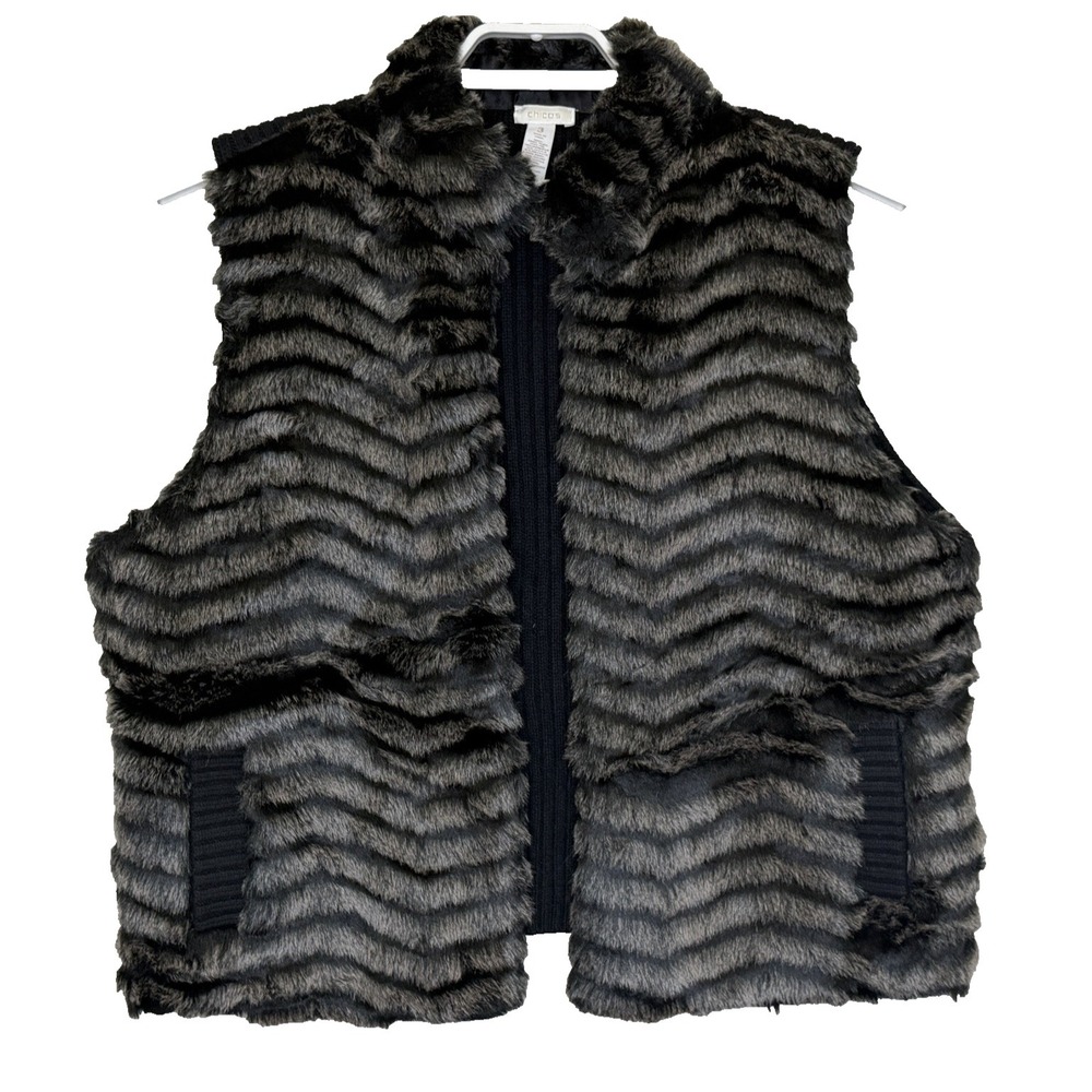 Chico's Faux Fur Sweater‎ Vest Womens Size 3 XL Black Chevron Open Front Pockets
